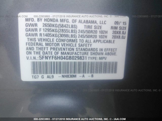 5FNYF6H04GB029831 - 2016 HONDA PILOT ELITE GRAY photo 9