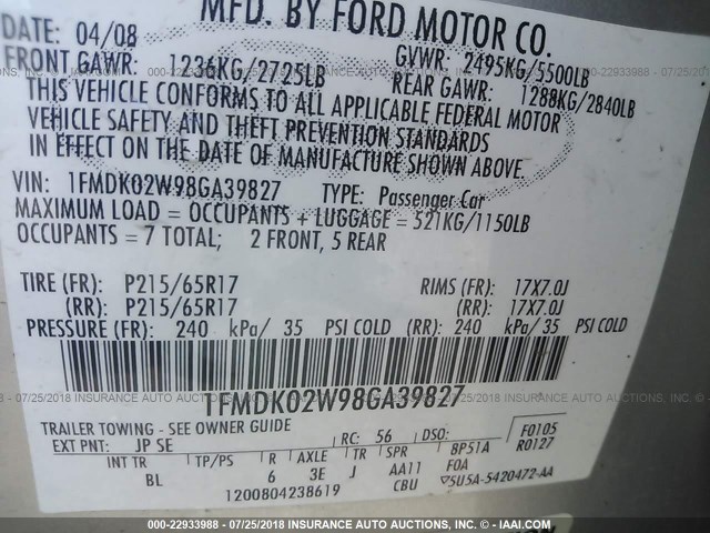 1FMDK02W98GA39827 - 2008 FORD TAURUS X SEL SILVER photo 9