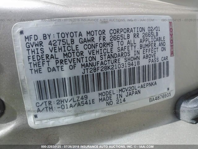 JT2BF28K210319418 - 2001 TOYOTA CAMRY LE/XLE BEIGE photo 9