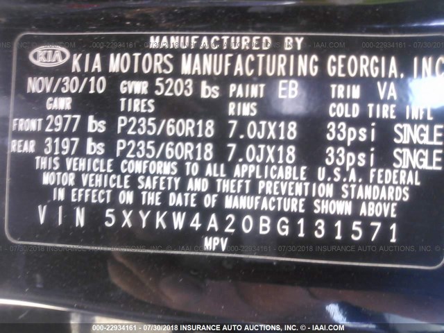 5XYKW4A20BG131571 - 2011 KIA SORENTO SX BLACK photo 9