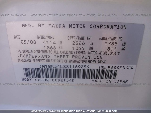 JM1BK34L881169259 - 2008 MAZDA SPEED 3 WHITE photo 9