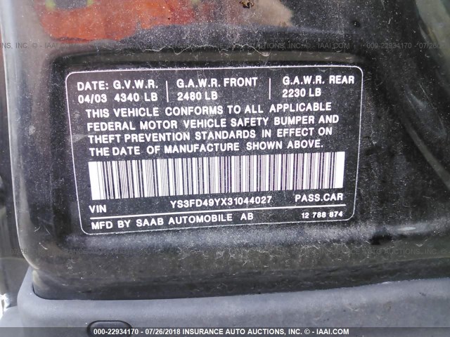 YS3FD49YX31044027 - 2003 SAAB 9-3 ARC BLACK photo 9