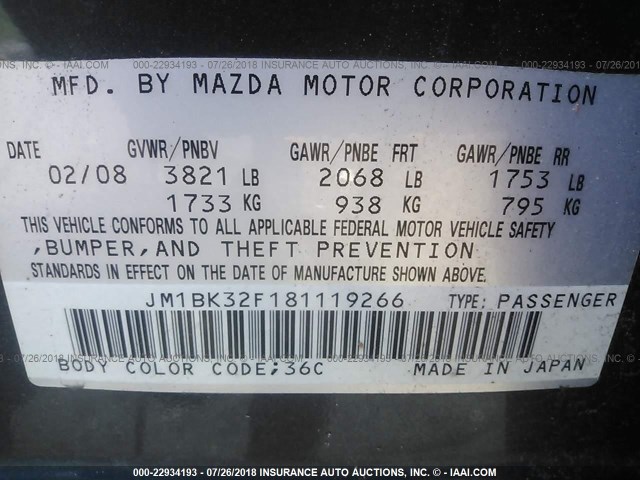 JM1BK32F181119266 - 2008 MAZDA 3 I GRAY photo 9