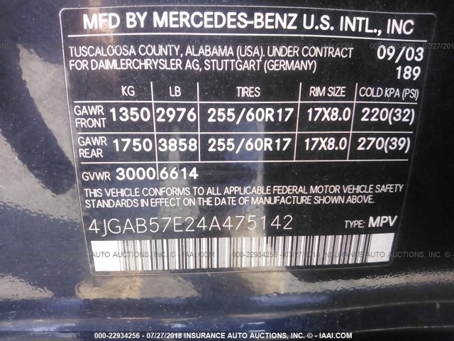 4JGAB57E24A475142 - 2004 MERCEDES-BENZ ML 350 BLUE photo 9