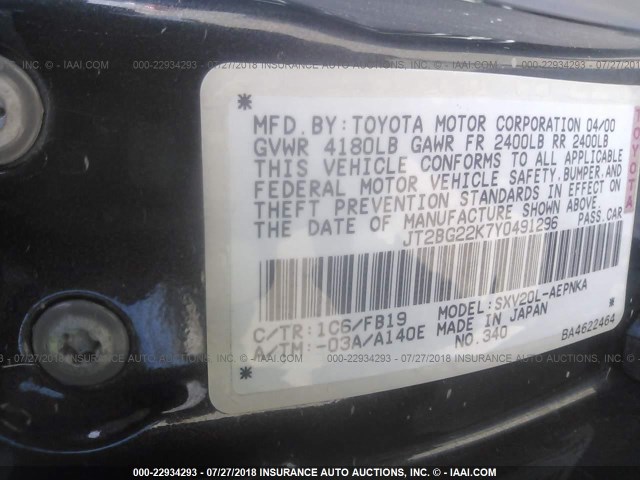 JT2BG22K7Y0491296 - 2000 TOYOTA CAMRY CE/LE/XLE ნაცრისფერი ფოტო 9