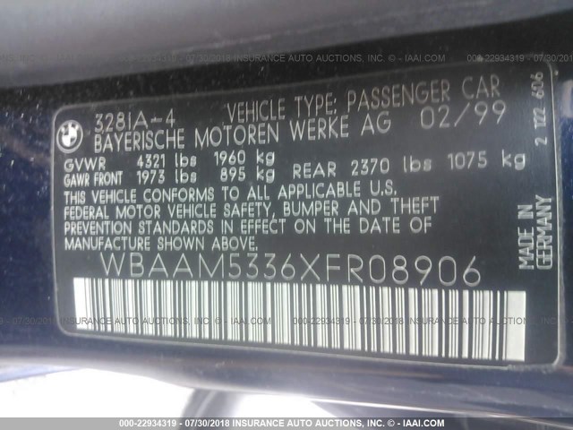 WBAAM5336XFR08906 - 1999 BMW 328 I AUTOMATIC BLUE photo 9