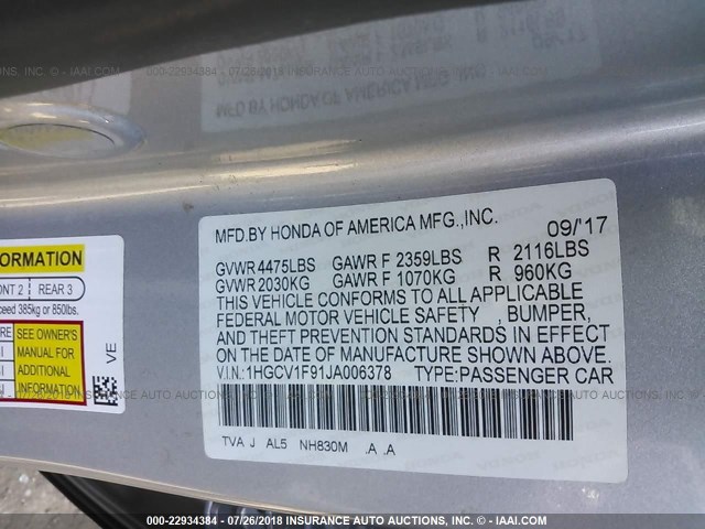 1HGCV1F91JA006378 - 2018 HONDA ACCORD TOURING SILVER photo 9