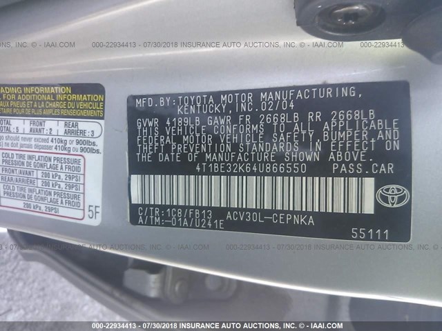 4T1BE32K64U866550 - 2004 TOYOTA CAMRY LE/XLE/SE Gümüş foto 9