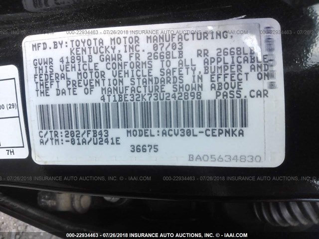 4T1BE32K73U242898 - 2003 TOYOTA CAMRY LE/XLE/SE 黑色 照片 9