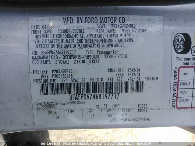 3FAFP06Z46R197717 - 2006 FORD FUSION S SILVER photo 9