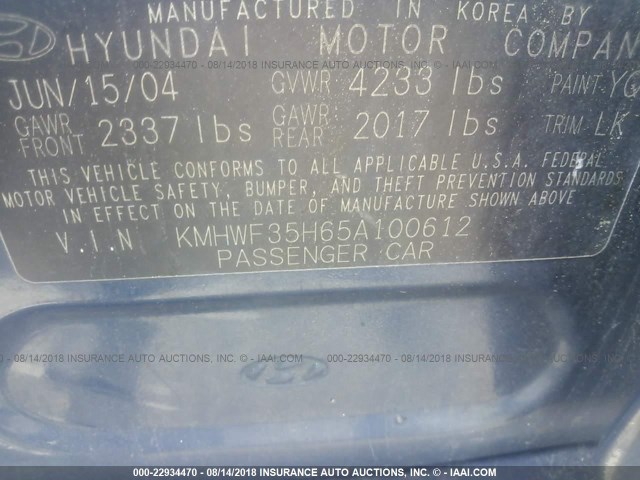 KMHWF35H65A100612 - 2005 HYUNDAI SONATA GLS/LX BLUE photo 9