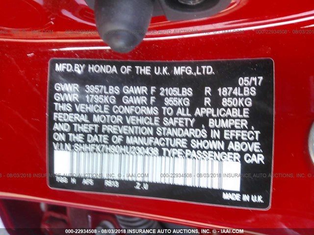 SHHFK7H90HU230438 - 2017 HONDA CIVIC SPORT TOURING RED photo 9