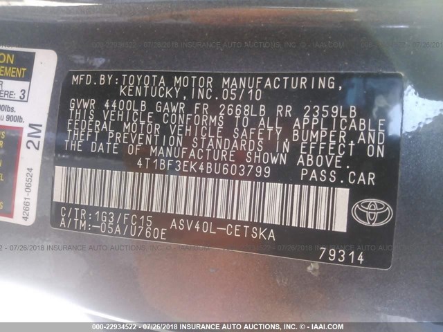 4T1BF3EK4BU603799 - 2011 TOYOTA CAMRY SE/LE/XLE 灰色 照片 9