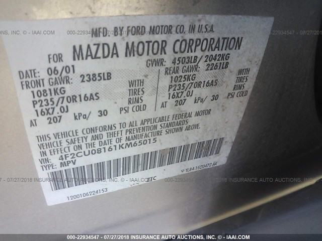 4F2CU08161KM65015 - 2001 MAZDA TRIBUTE LX/ES SILVER photo 9