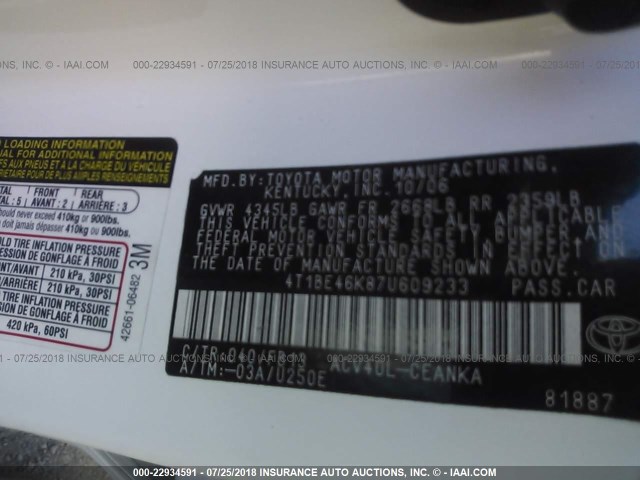 4T1BE46K87U609233 - 2007 TOYOTA CAMRY NEW GENERAT CE/LE/XLE/SE WHITE photo 9