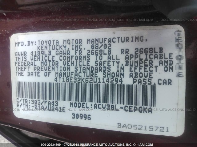 4T1BE32K62U114294 - 2002 TOYOTA CAMRY LE/XLE/SE 红色 照片 9