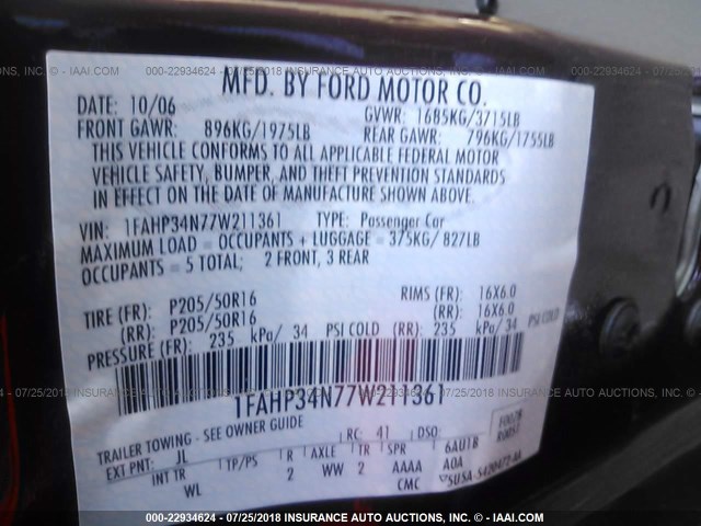 1FAHP34N77W211361 - 2007 FORD FOCUS ZX4/S/SE/SES 栗色 照片 9