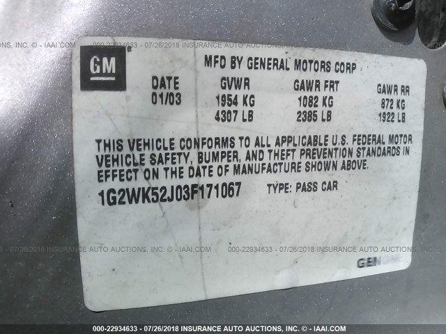 1G2WK52J03F171067 - 2003 PONTIAC GRAND PRIX SE SILVER photo 9