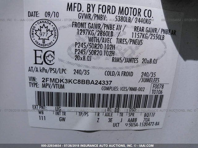 2FMDK3KC8BBA24337 - 2011 FORD EDGE LIMITED WHITE photo 9