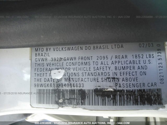 9BWGK61J234054633 - 2003 VOLKSWAGEN GOLF GLS WHITE photo 9