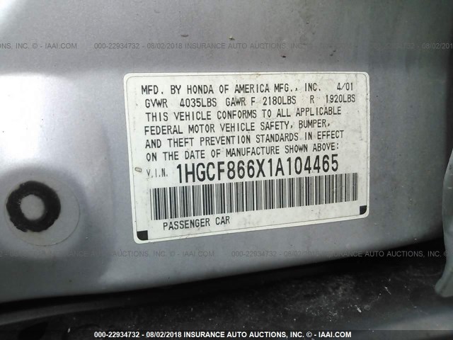 1HGCF866X1A104465 - 2001 HONDA ACCORD VALUE SILVER photo 9