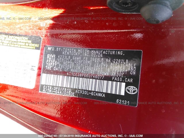 4T1CE38P66U746077 - 2006 TOYOTA CAMRY SOLARA SE/SLE წითელი ფოტო 9