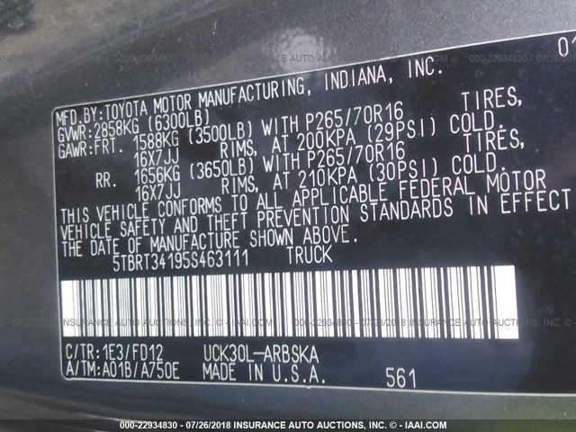 5TBRT34195S463111 - 2005 TOYOTA TUNDRA ACCESS CAB SR5 GRAY photo 9