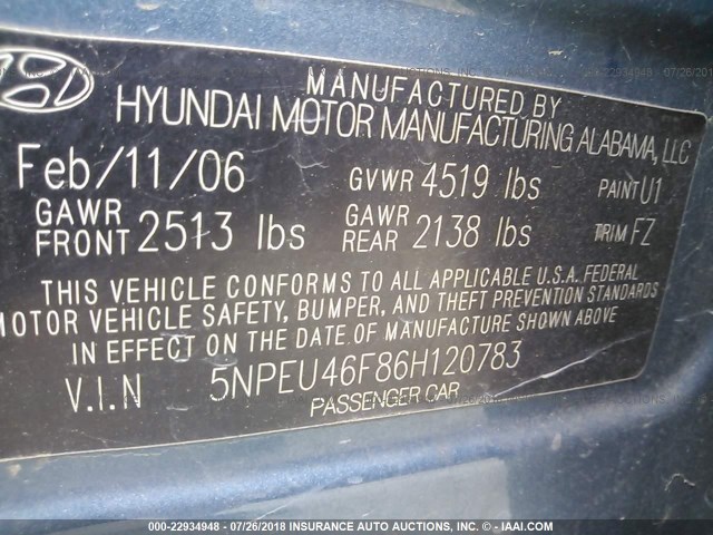 5NPEU46F86H120783 - 2006 HYUNDAI SONATA GLS/LX BLUE photo 9