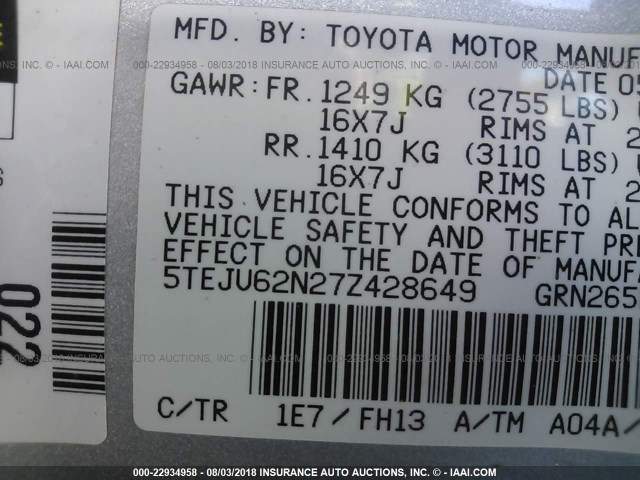 5TEJU62N27Z428649 - 2007 TOYOTA TACOMA DOUBLE CAB PRERUNNER SILVER photo 9