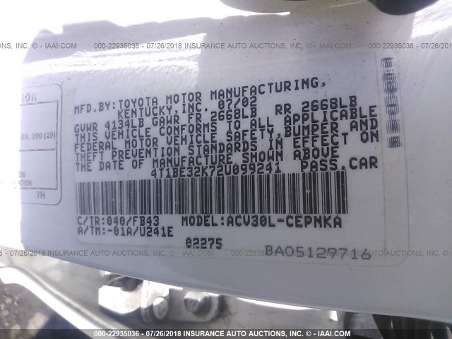 4T1BE32K72U099241 - 2002 TOYOTA CAMRY LE/XLE/SE 白色 照片 9