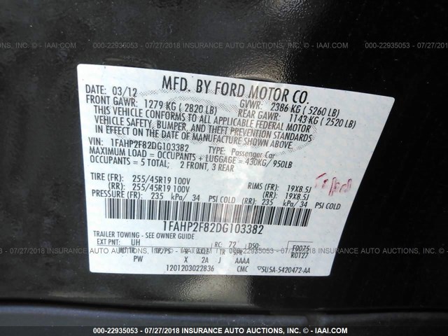 1FAHP2F82DG103382 - 2013 FORD TAURUS LIMITED BLACK photo 9