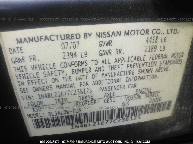 1N4BL21E77C238125 - 2007 NISSAN ALTIMA 3.5SE/3.5SL GRAY photo 9