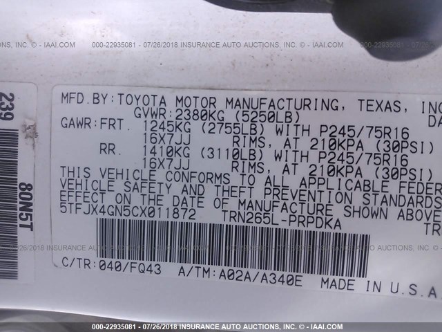 5TFJX4GN5CX011872 - 2012 TOYOTA TACOMA DOUBLE CAB 白色 照片 9