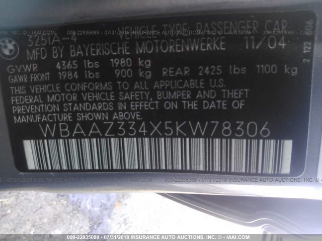 WBAAZ334X5KW78306 - 2005 BMW 325 IS SULEV SILVER photo 9