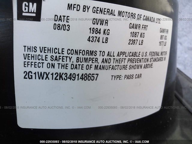 2G1WX12K349148657 - 2004 CHEVROLET MONTE CARLO SS შავი ფოტო 9