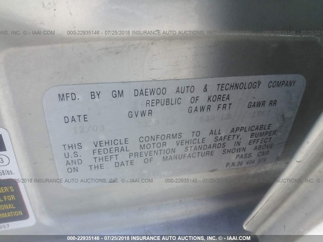 KL1TJ52614B161709 - 2004 CHEVROLET AVEO LS SILVER photo 9