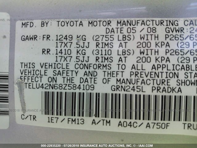 5TELU42N68Z584109 - 2008 TOYOTA TACOMA DOUBLE CAB SILVER photo 9