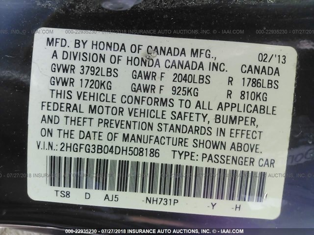 2HGFG3B04DH508186 - 2013 HONDA CIVIC EXL 黑色 照片 9