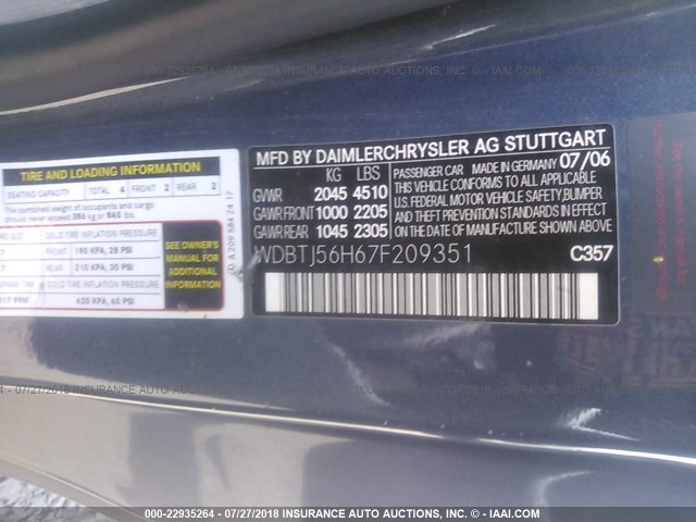 WDBTJ56H67F209351 - 2007 MERCEDES-BENZ CLK 350 BLUE photo 9