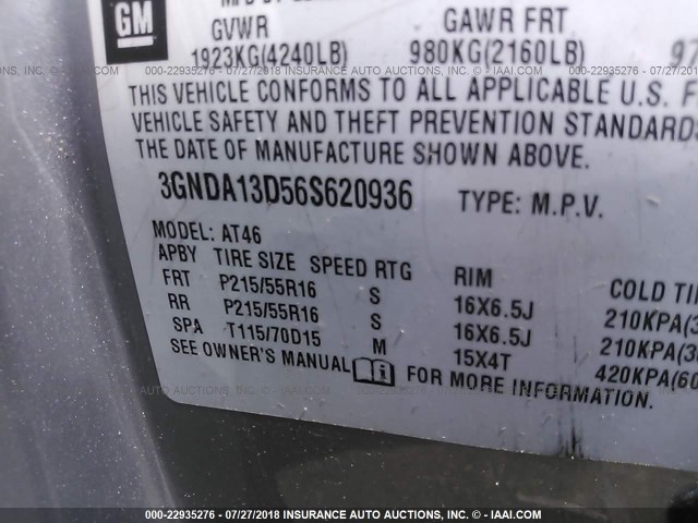 3GNDA13D56S620936 - 2006 CHEVROLET HHR LS ვერცხლისფერი ფოტო 9