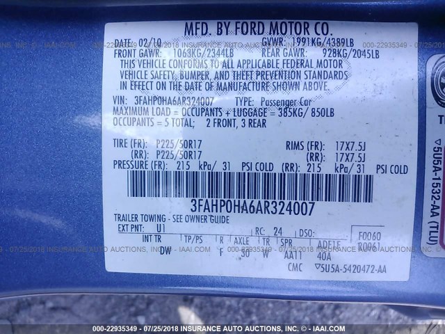 3FAHP0HA6AR324007 - 2010 FORD FUSION SE BLUE photo 9