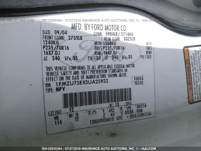 1FMZU73EX5UA25933 - 2005 FORD EXPLORER XLT/XLT SPORT/NBX 白色 照片 9