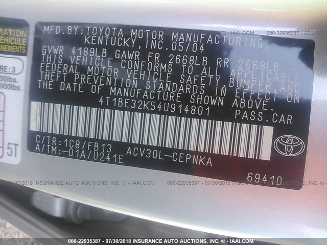 4T1BE32K54U914801 - 2004 TOYOTA CAMRY LE/XLE/SE Gümüş foto 9