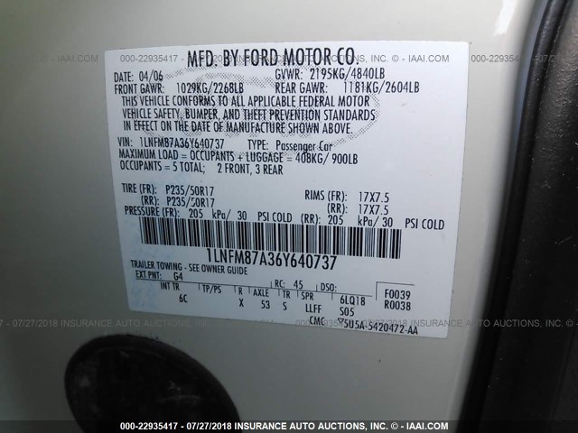 1LNFM87A36Y640737 - 2006 LINCOLN LS 白色 照片 9