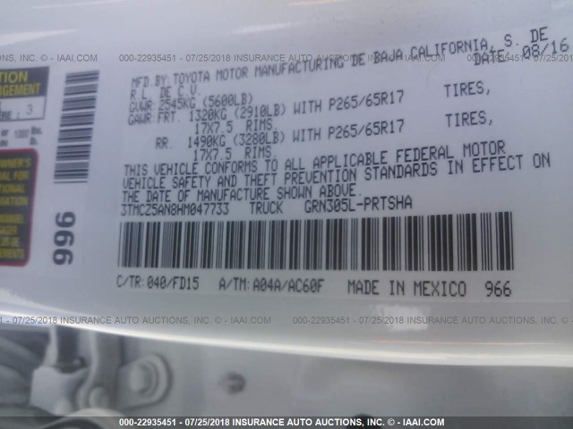 3TMCZ5AN8HM047733 - 2017 TOYOTA TACOMA DBL CAB/SR/TRDSPT/OR/PRO თეთრი ფოტო 9