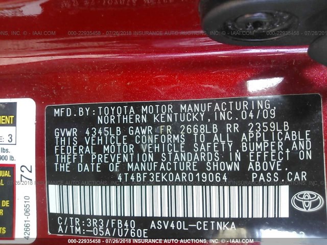 4T4BF3EK0AR019064 - 2010 TOYOTA CAMRY SE/LE/XLE წითელი ფოტო 9