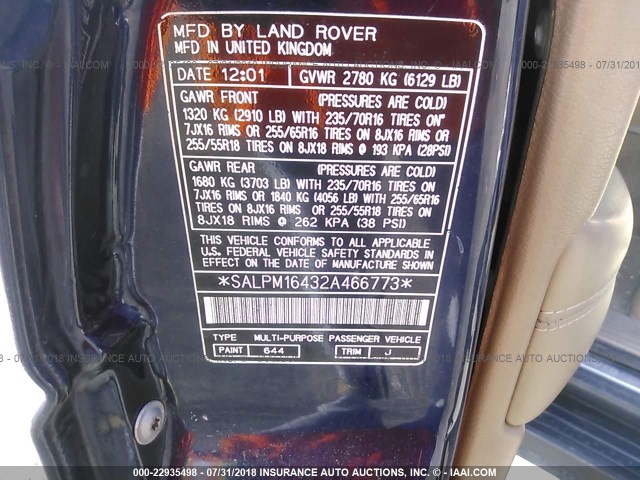 SALPM16432A466773 - 2002 LAND ROVER RANGE ROVER 4.6 HSE LONG WHEELBASE Dark Blue photo 9