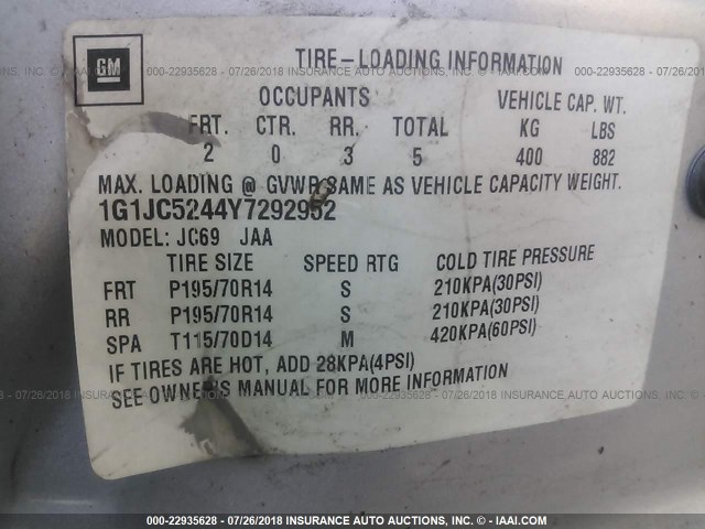 1G1JC5244Y7292952 - 2000 CHEVROLET CAVALIER SILVER photo 9