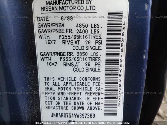 JN8AR07S4YW397369 - 2000 NISSAN PATHFINDER LE/SE/XE BLUE photo 9