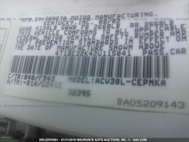 4T1BE32K42U115041 - 2002 TOYOTA CAMRY LE/XLE/SE 白色 照片 9